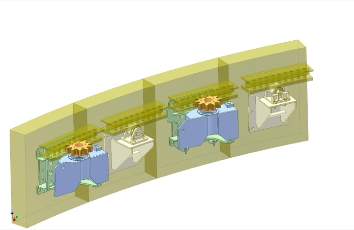 3D model of drive units and bearing housings mounted on a curved wall segment