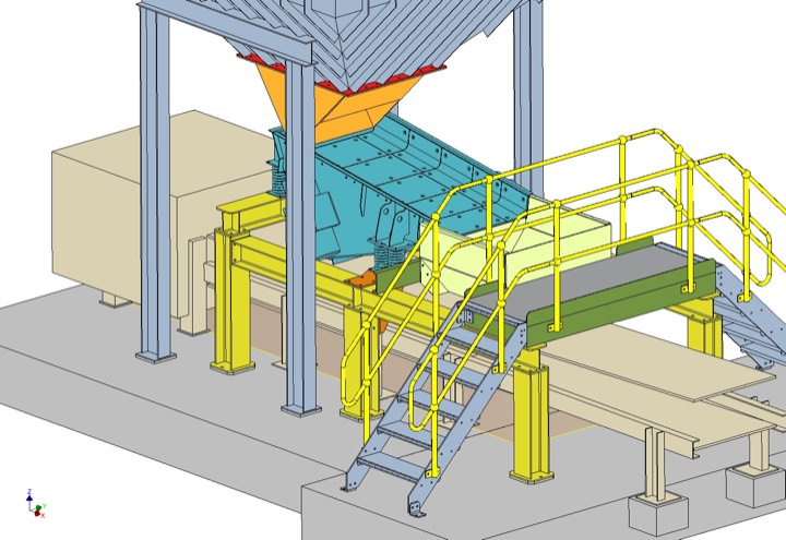 3D model of a hopper feeding a vibrating feeder, with handrails and a stair