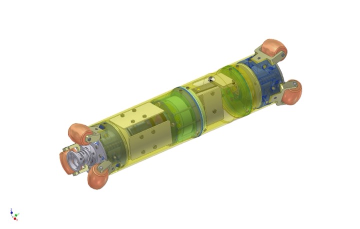 3D model of a cylindrical instrument housing with internal mounts and guide rollers