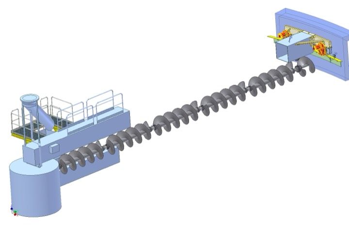 3D model of a long screw conveyor with a platform and drive units