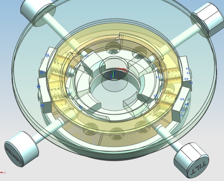3D model of a circular tip-tilt adjustment stage with centre and tilt adjusters